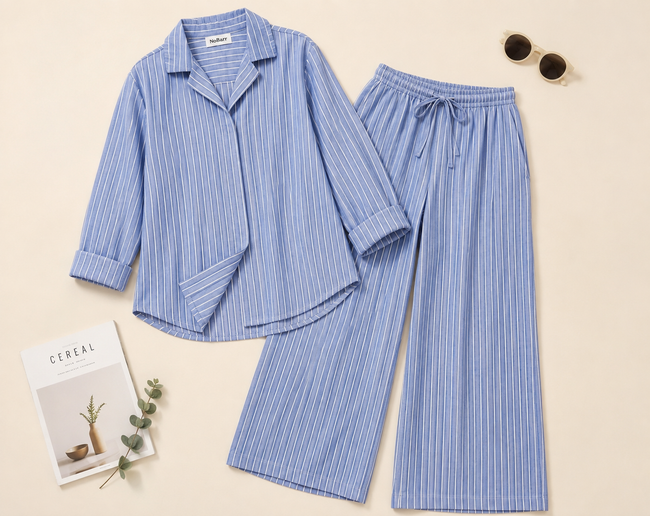 Women Blue Linen Co-Ord Set