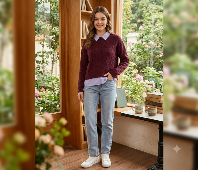 Women Wine Cable Knit Sweater