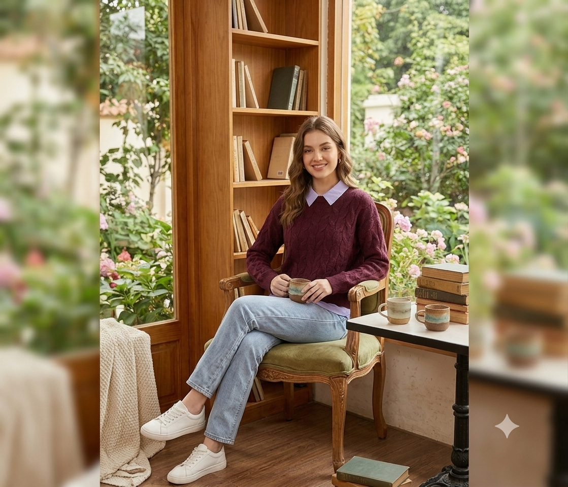Women Wine Cable Knit Sweater