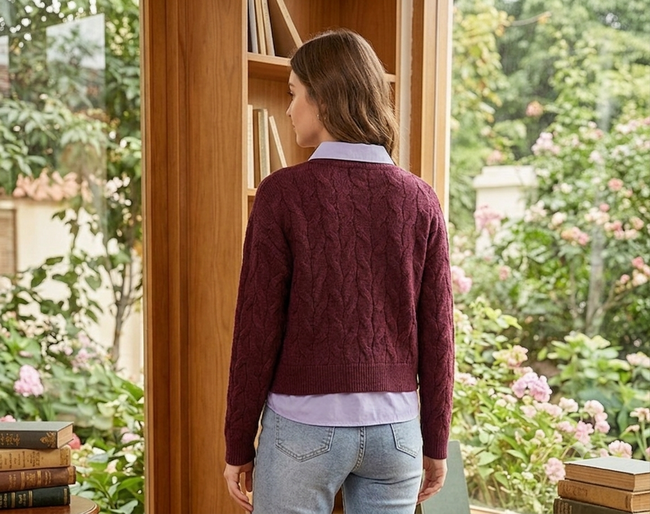 Women Wine Cable Knit Sweater