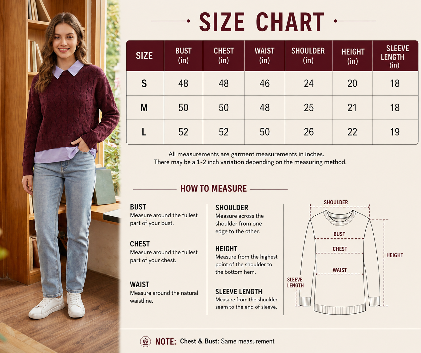 Women Wine Cable Knit Sweater