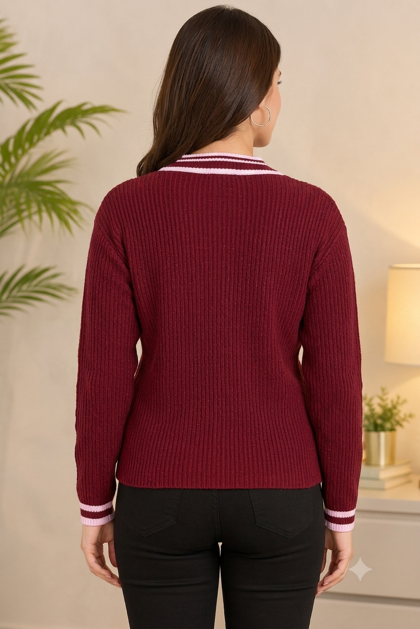 Women Maroon V-Neck Sweater