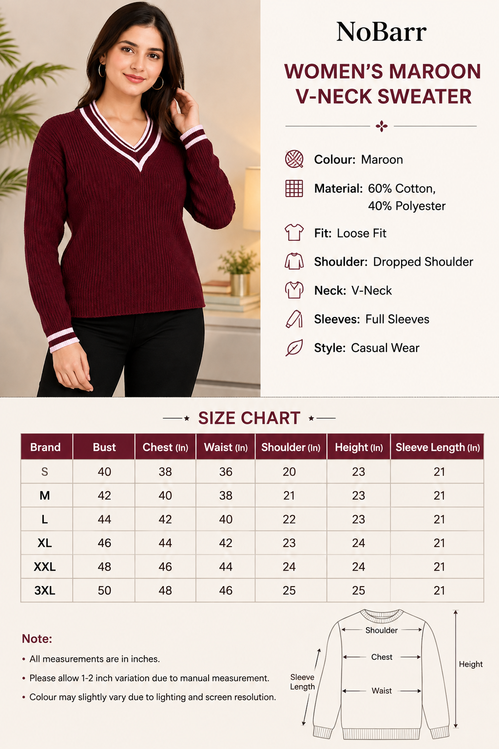 Women Maroon V-Neck Sweater