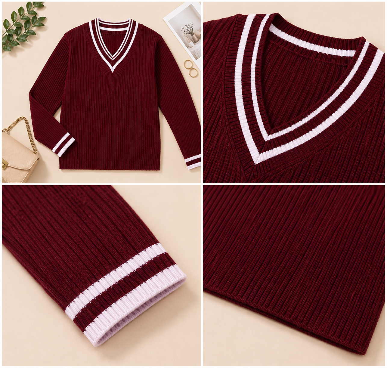 Women Maroon V-Neck Sweater