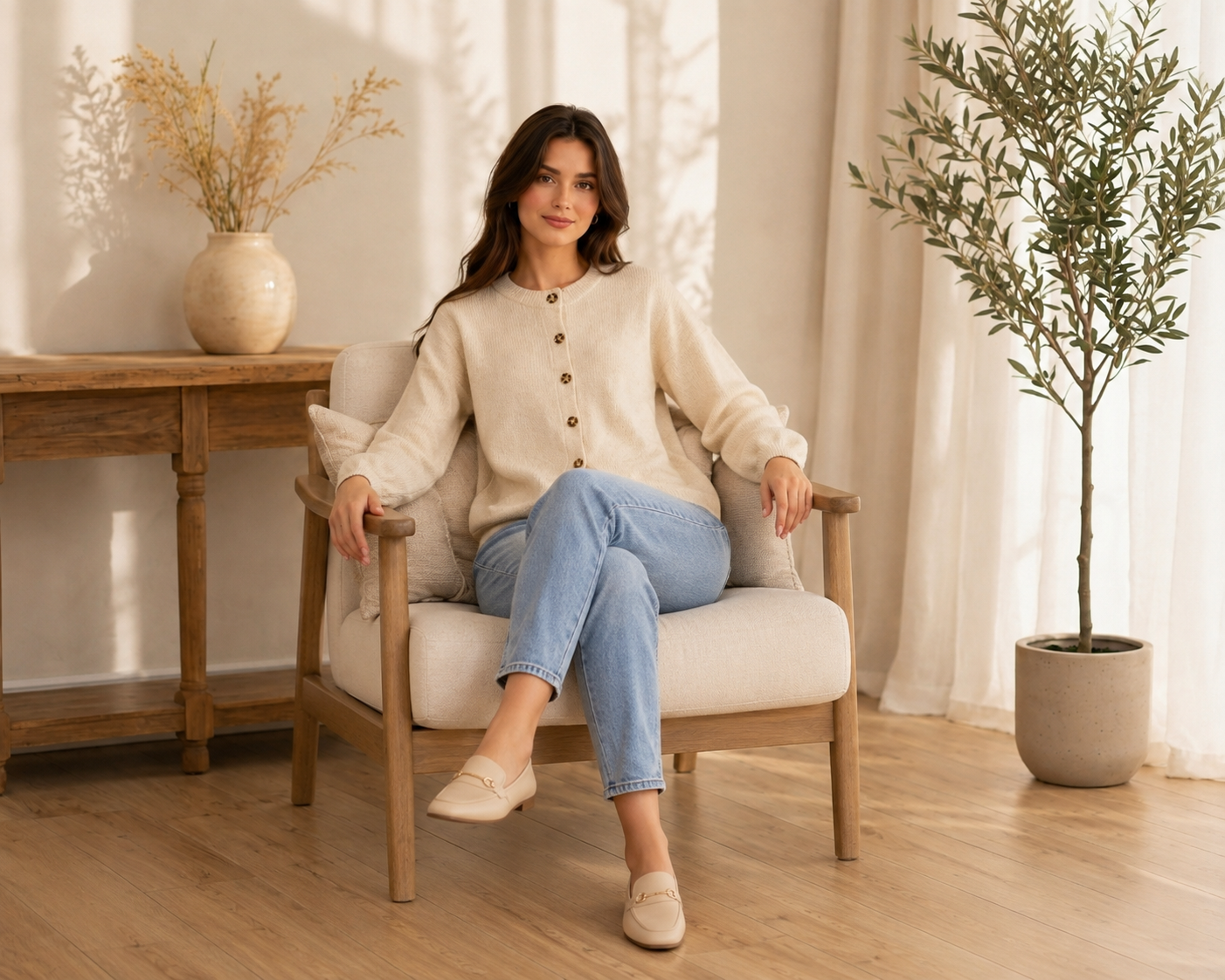 Women Beige Button Front Sweater