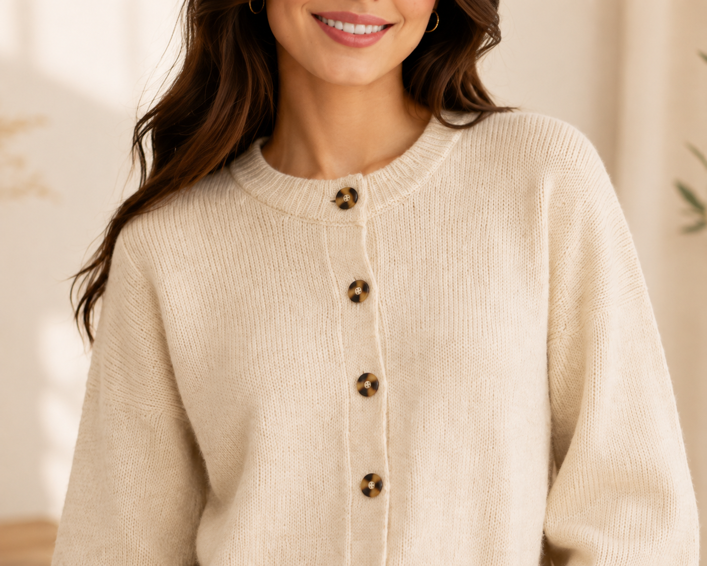 Women Beige Button Front Sweater