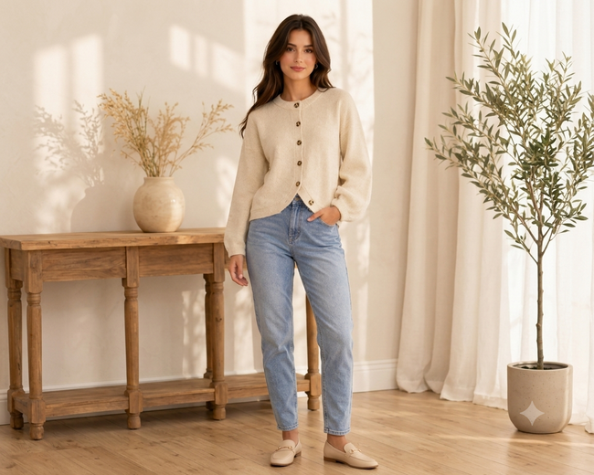 Women Beige Button Front Sweater