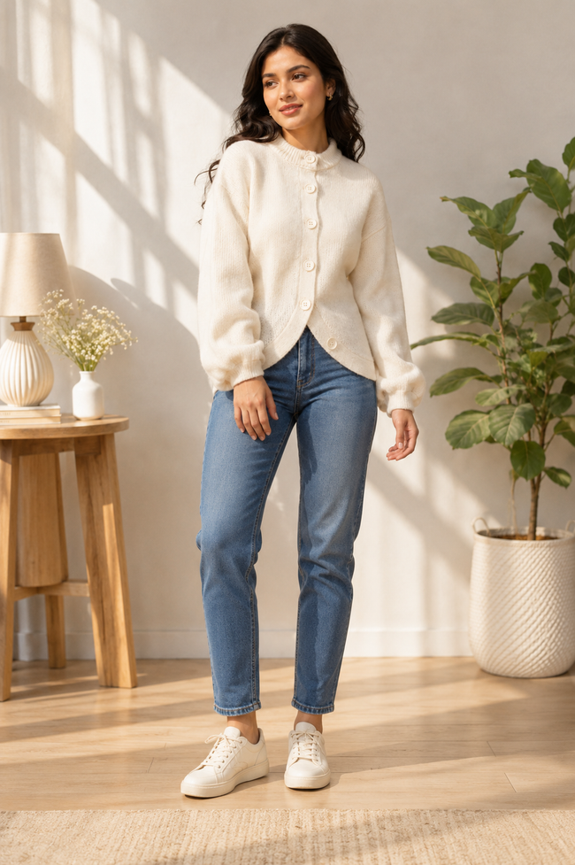 Women White Button Front Sweater