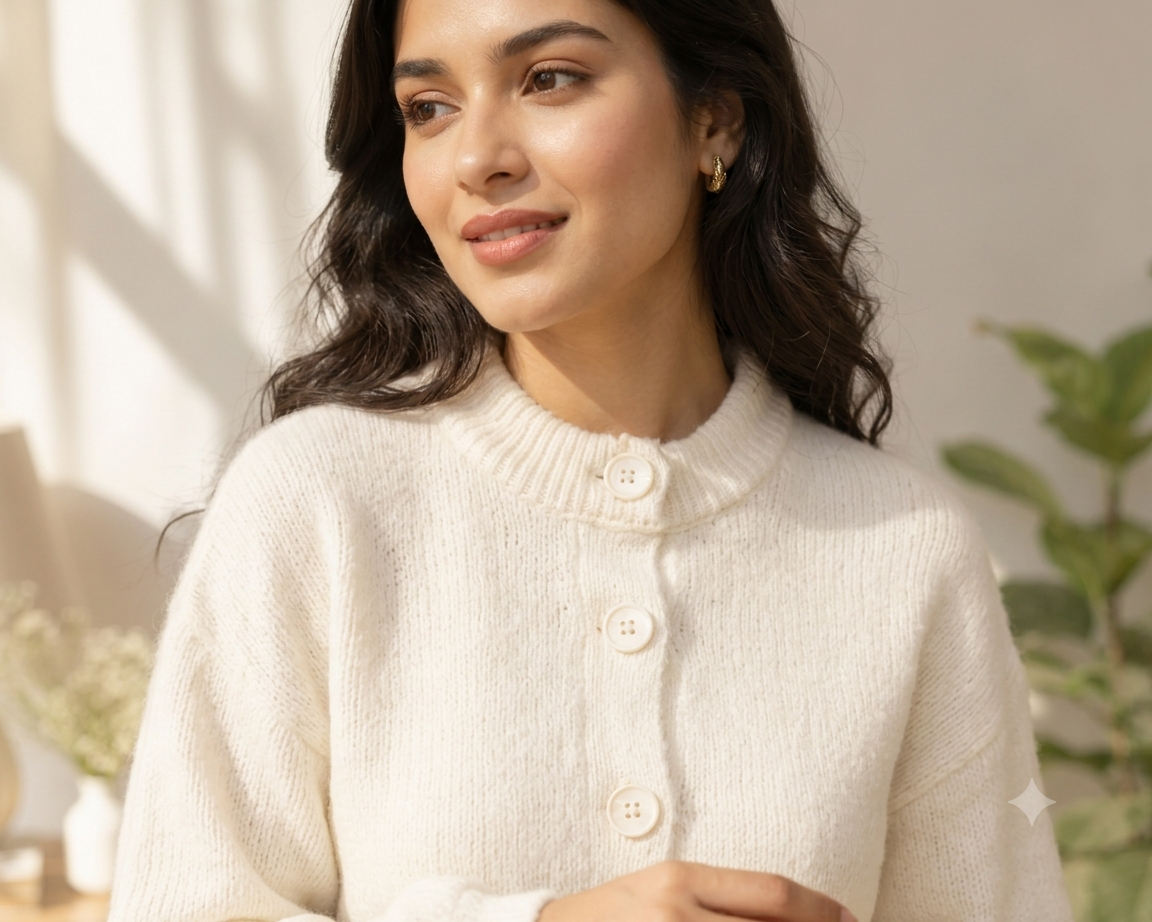 Women White Button Front Sweater