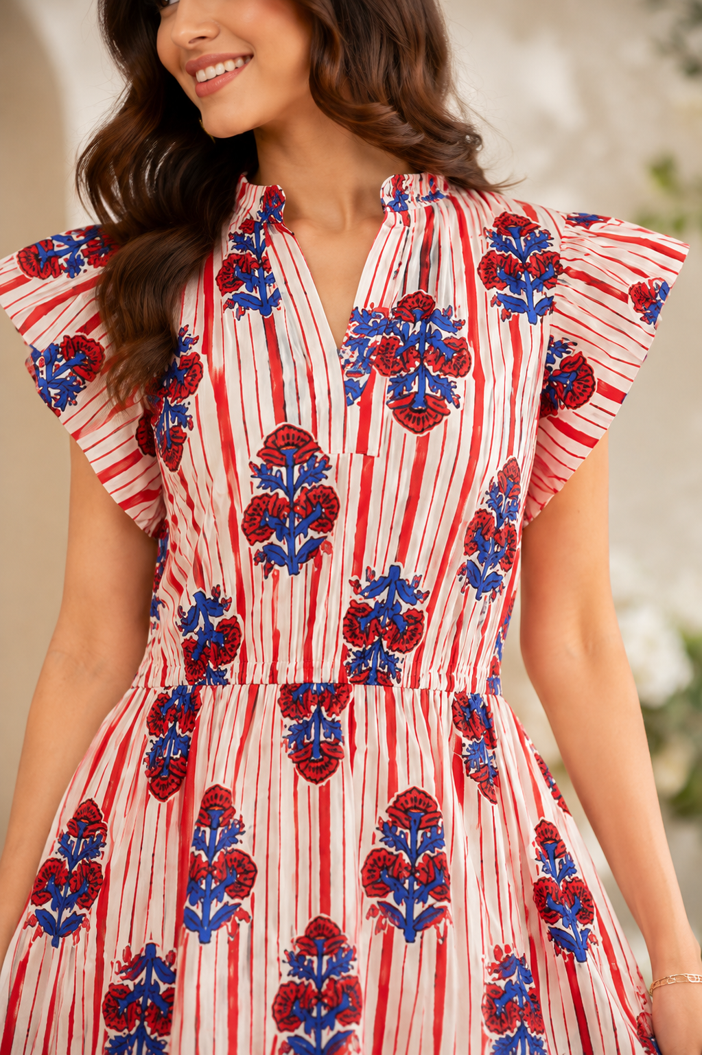 Women Multi Cotton Mini Dress with Flutter Sleeves