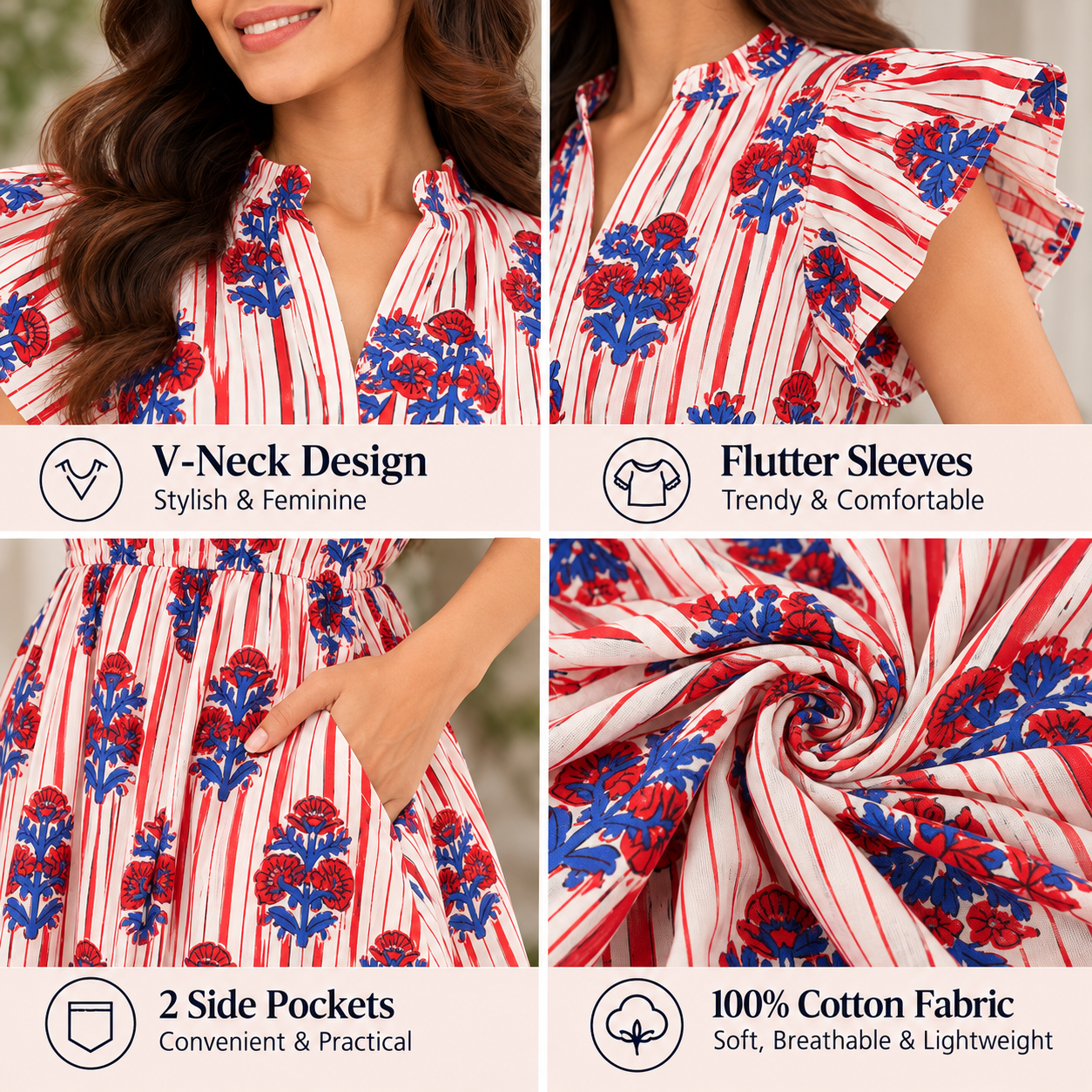 Women Multi Cotton Mini Dress with Flutter Sleeves