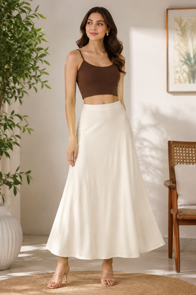 Women Cream  Flared Maxi Skirt