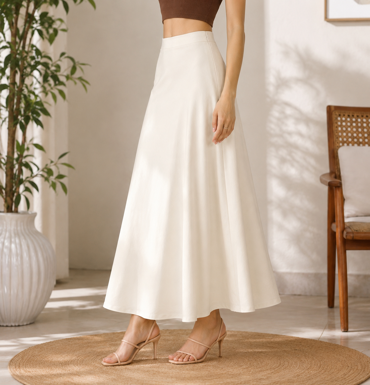 Women Cream  Flared Maxi Skirt