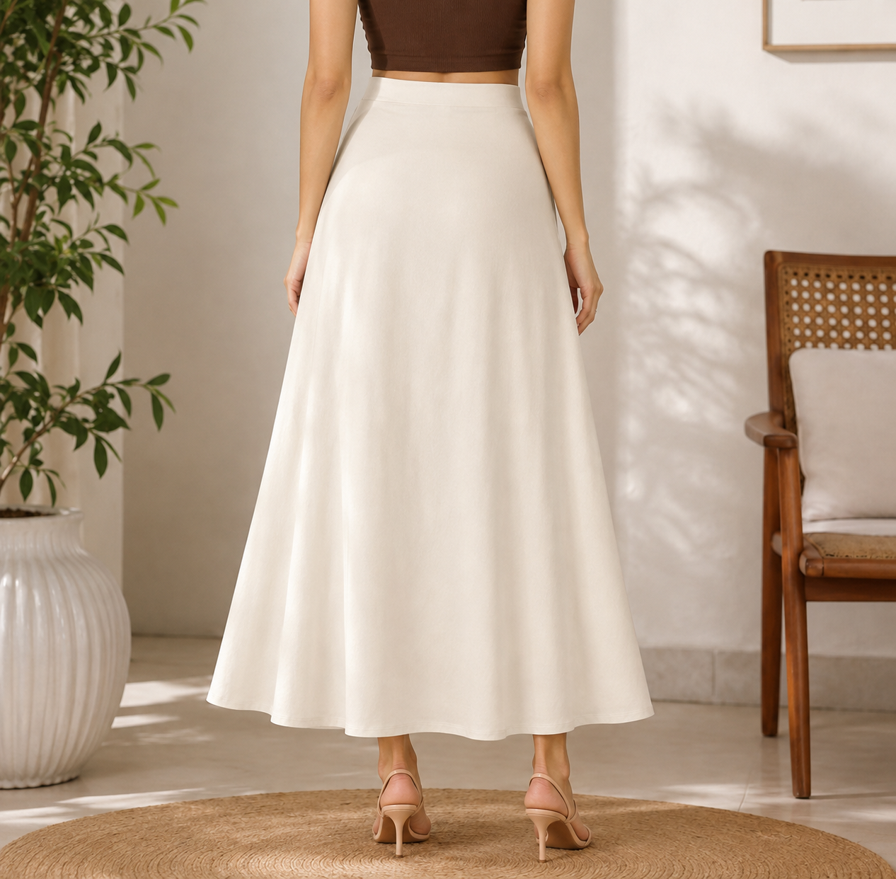 Women Cream  Flared Maxi Skirt