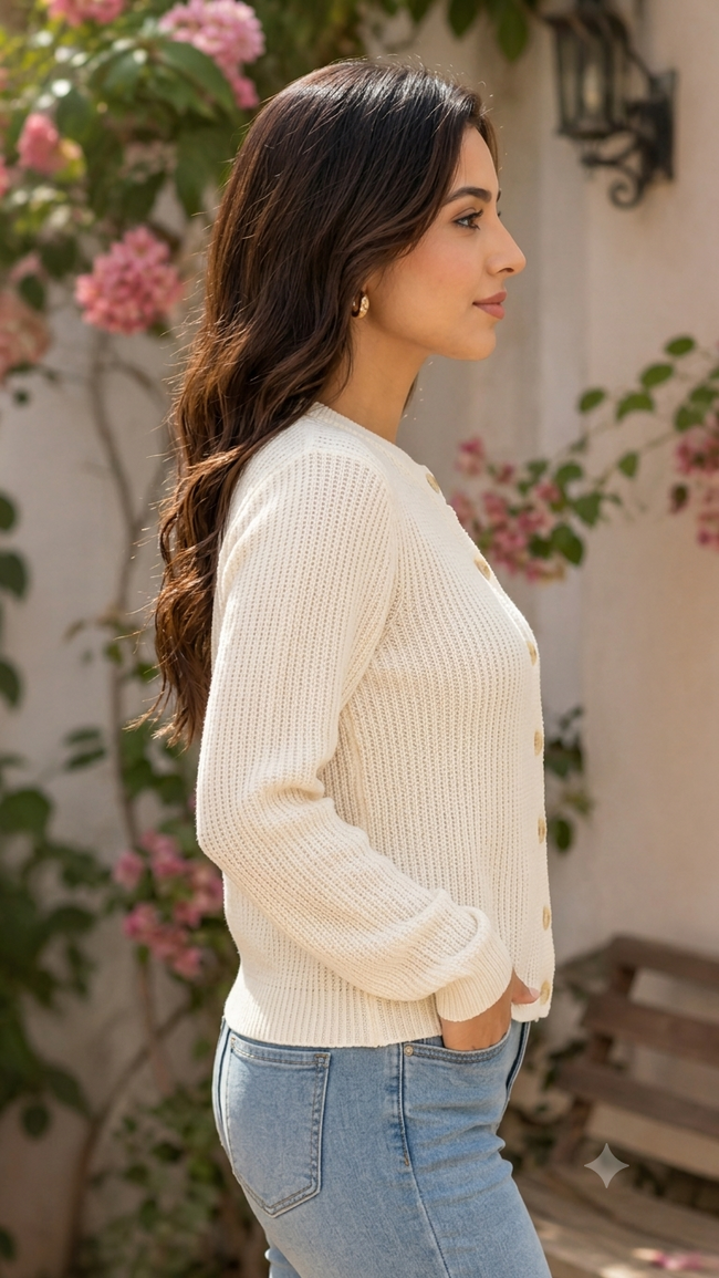 Women White Button Front Sweater