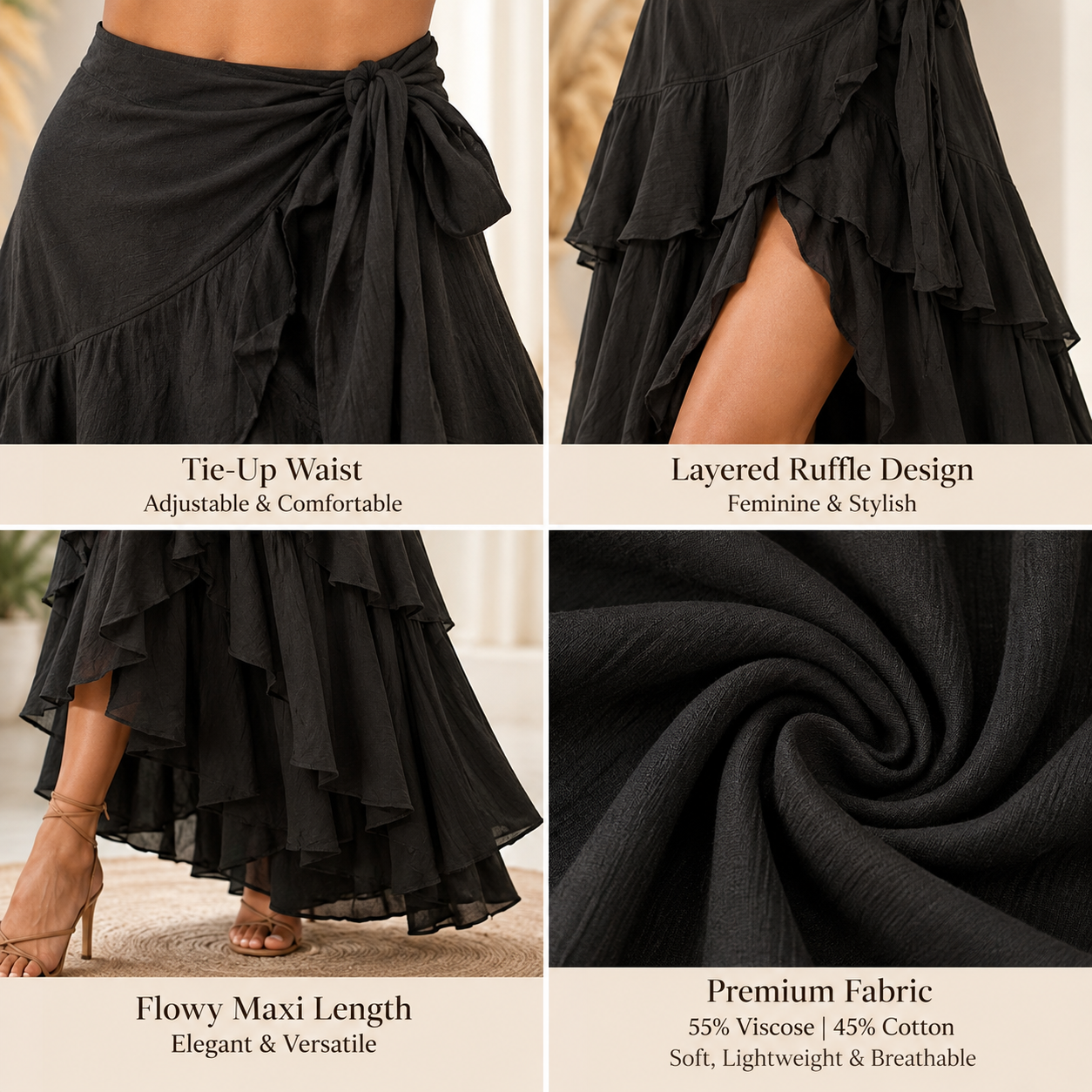 Women Black Ruffle Wrap Maxi Skirt