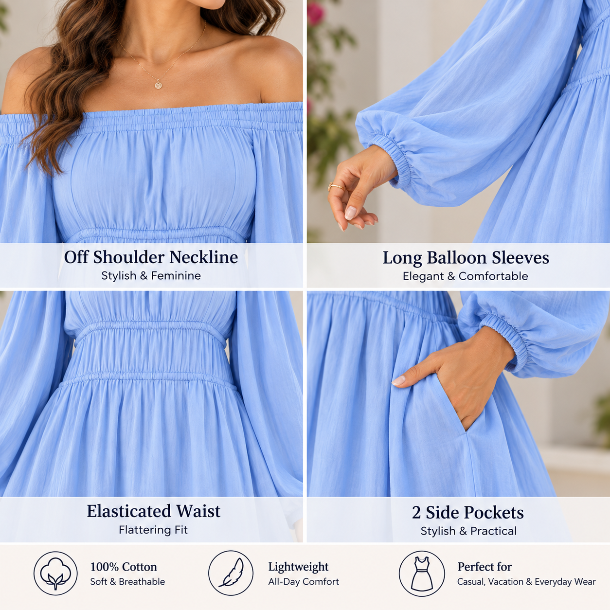 Women Blue Cotton Mini Dress