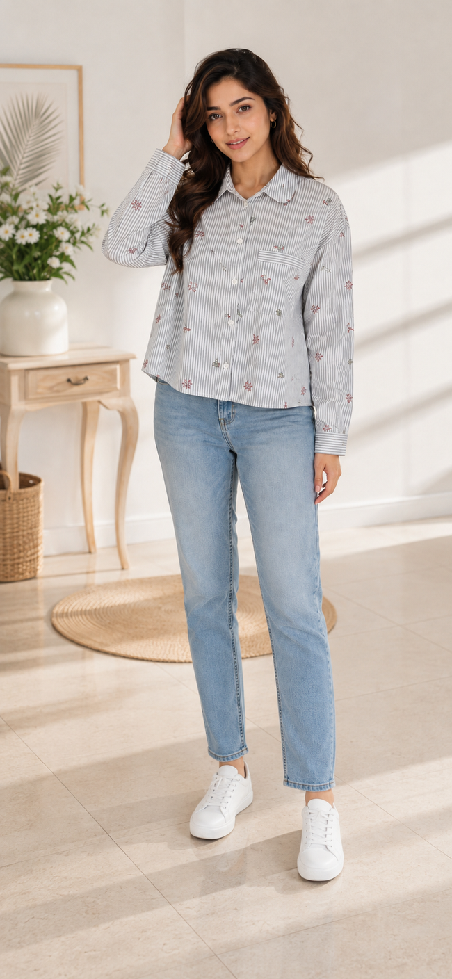 Women Green Floral Embroidered Shirt