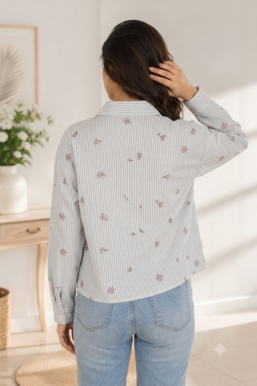 Women Green Floral Embroidered Shirt