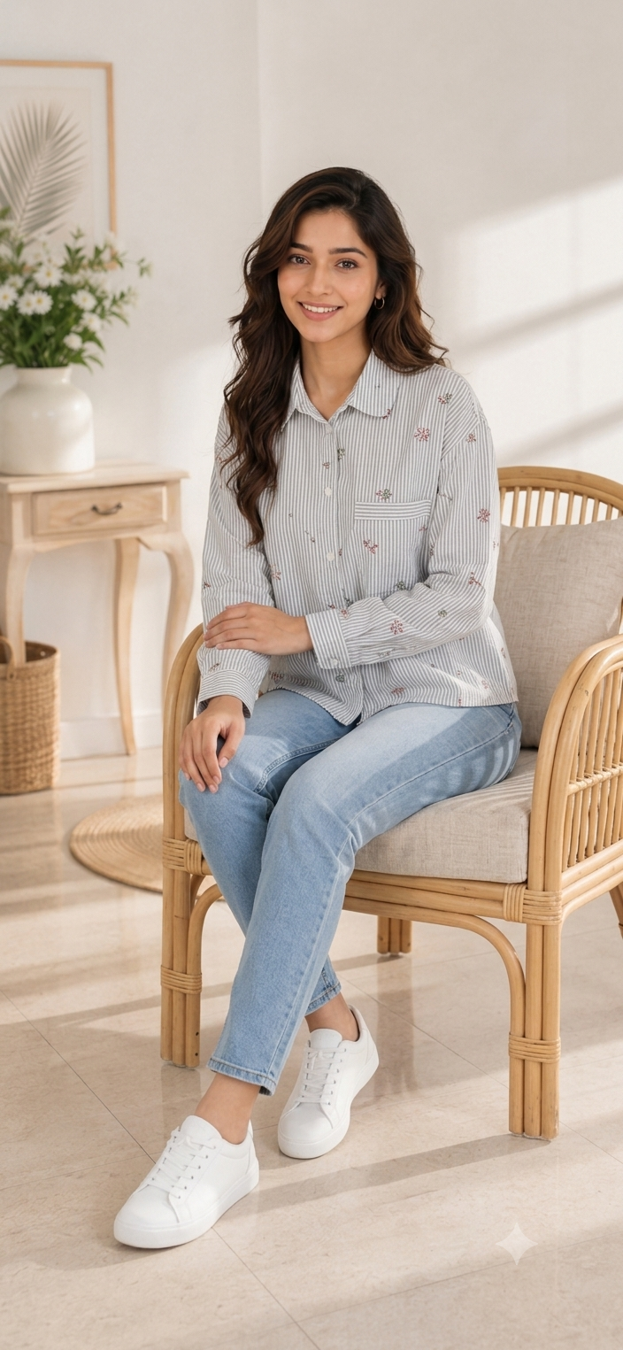 Women Green Floral Embroidered Shirt