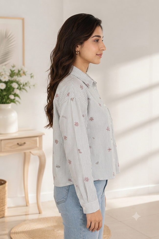 Women Green Floral Embroidered Shirt