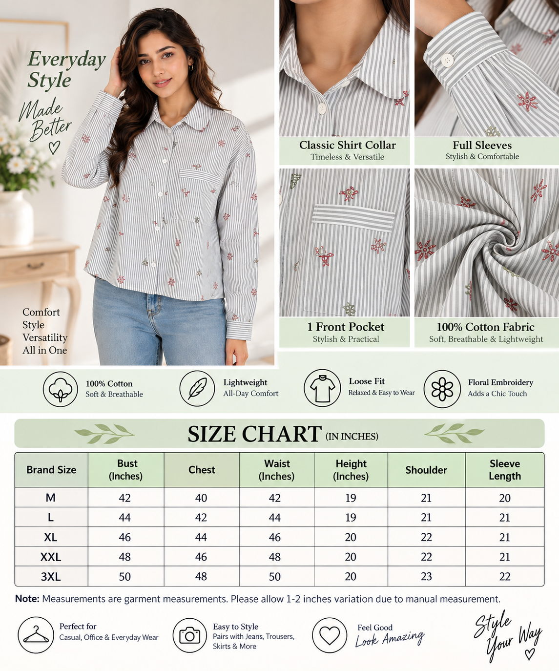 Women Green Floral Embroidered Shirt