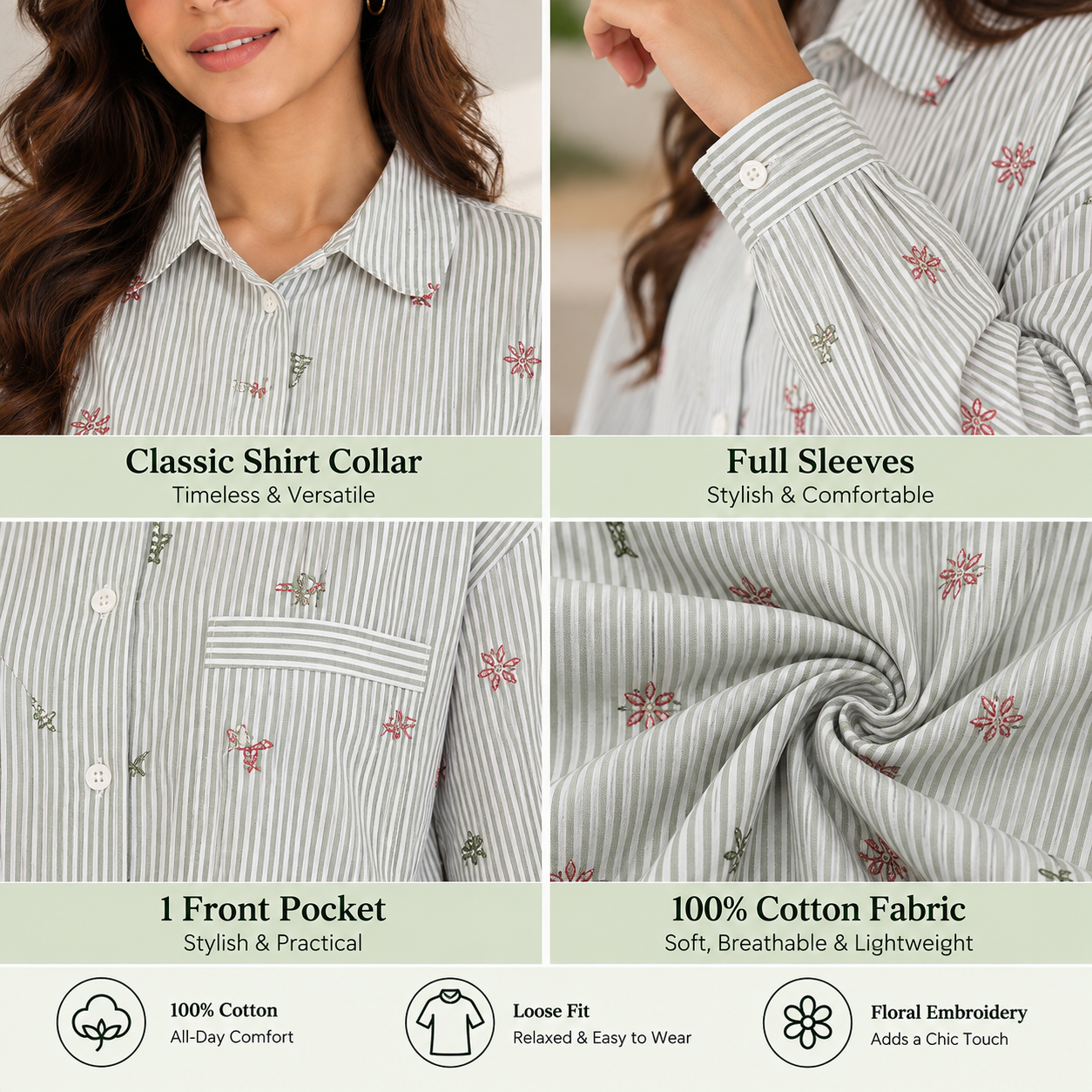 Women Green Floral Embroidered Shirt