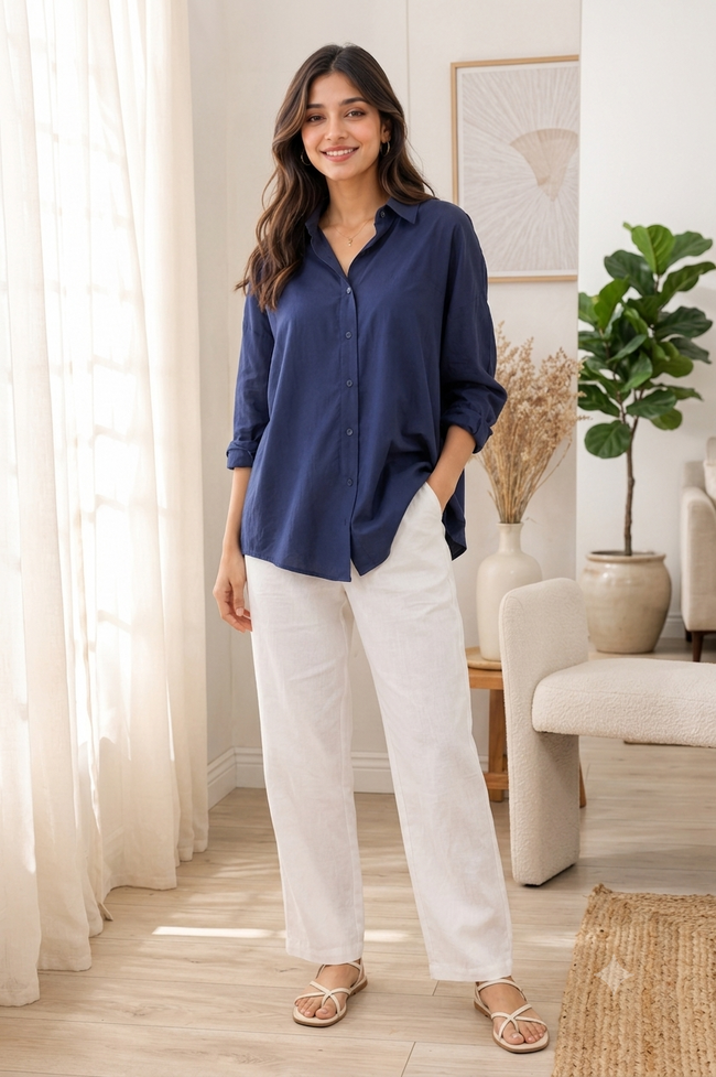 Women Blue Linen Blend Shirt