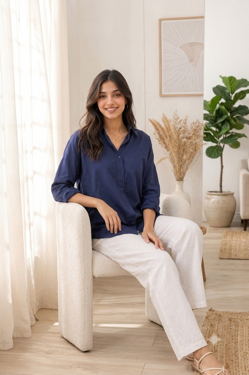 Women Blue Linen Blend Shirt