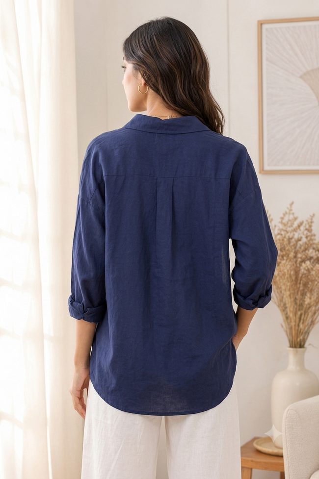 Women Blue Linen Blend Shirt