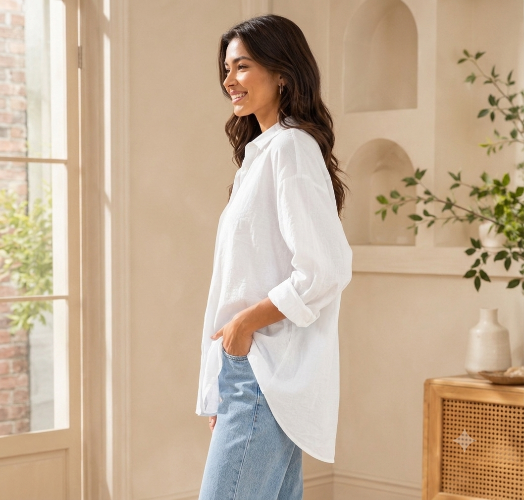 Women White Linen Blend Shirt