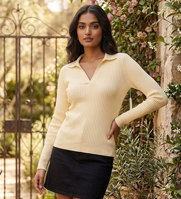 Women Yellow Polo Neck Sweater Top