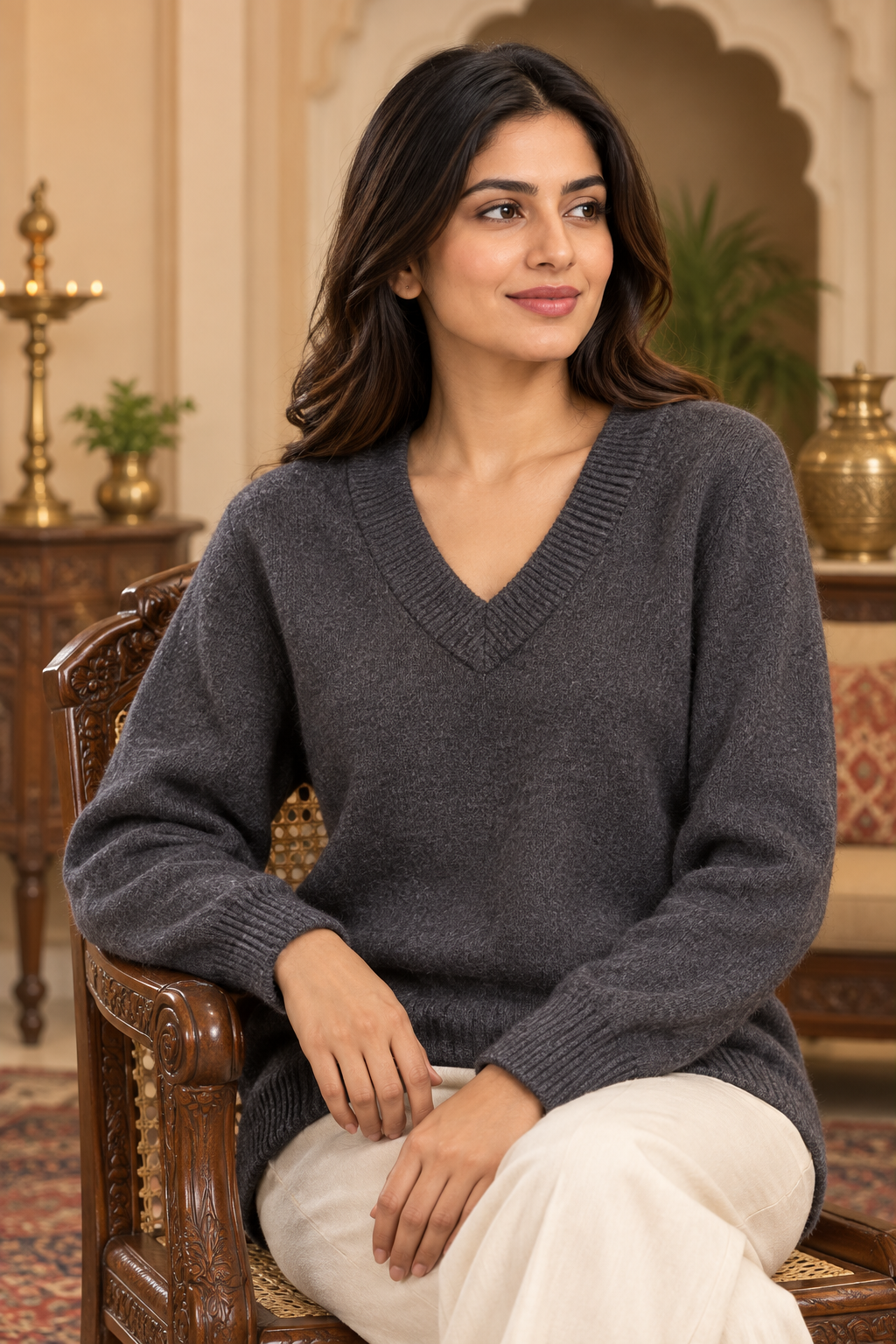 Women Grey V-Neck Knitted Sweater