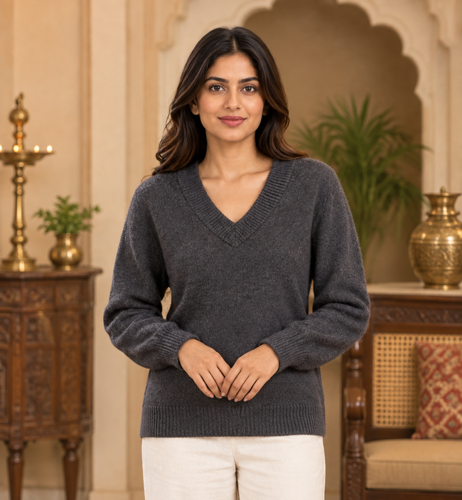 Women Grey V-Neck Knitted Sweater