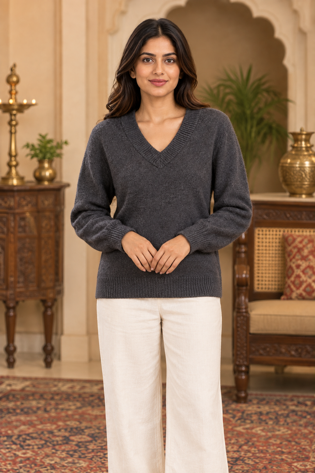 Women Grey V-Neck Knitted Sweater