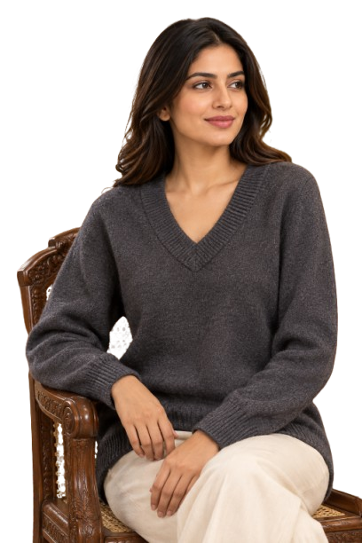 Women Grey V-Neck Knitted Sweater