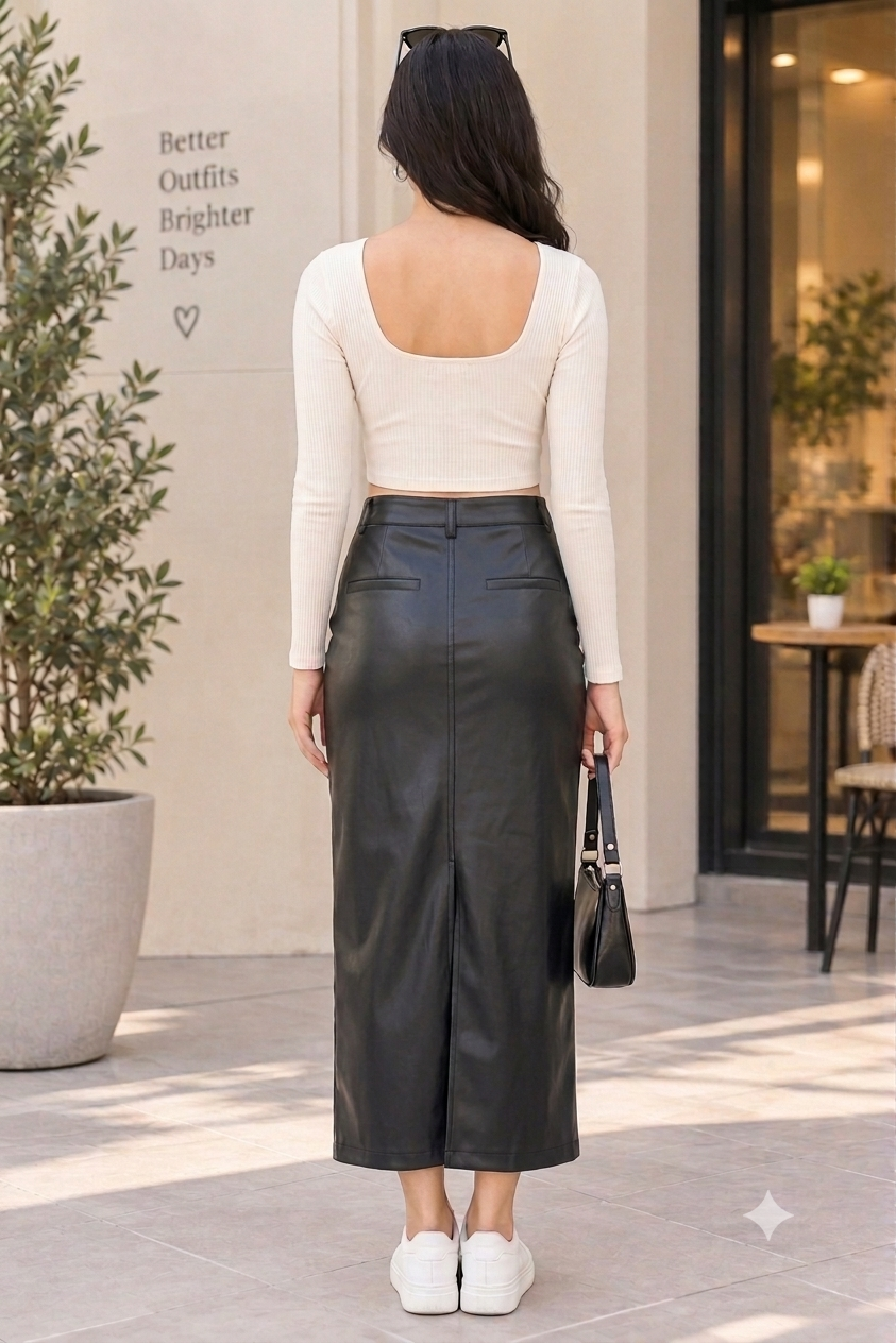 Women Black Front-Zip Midi Skirt