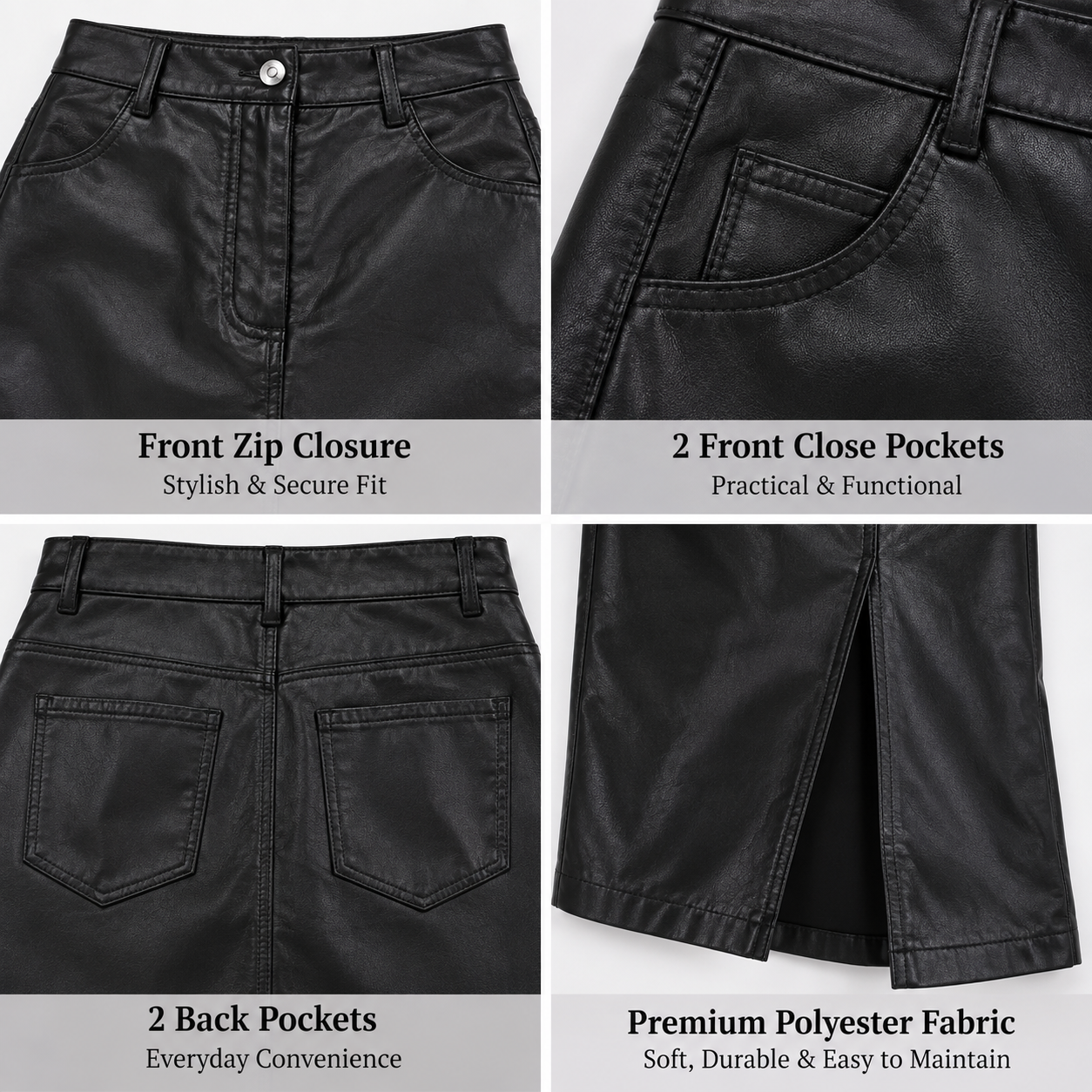 Women Black Front-Zip Midi Skirt