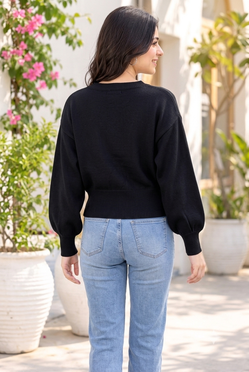 Women Black V-Neck Down Shoulder Sweater