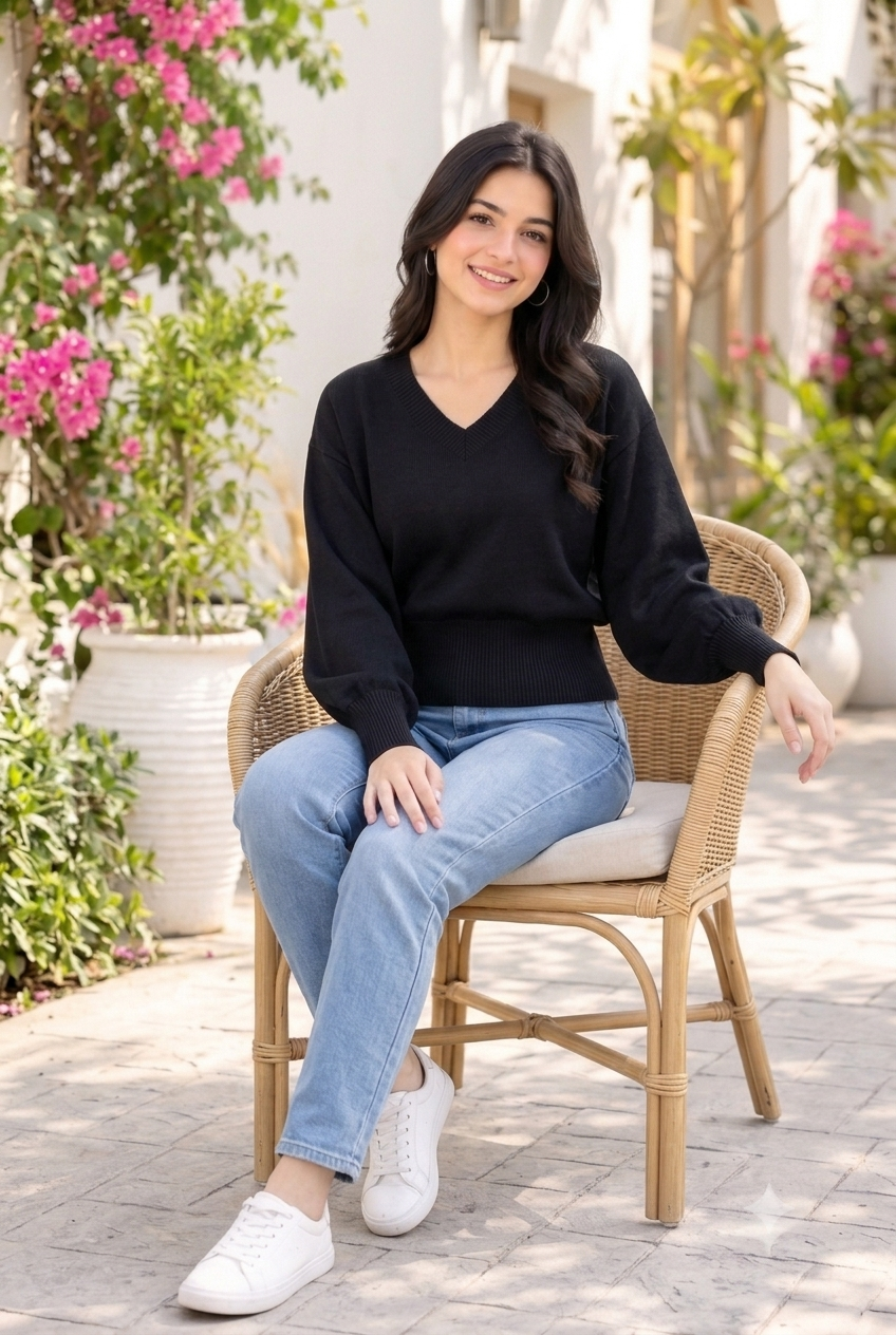 Women Black V-Neck Down Shoulder Sweater