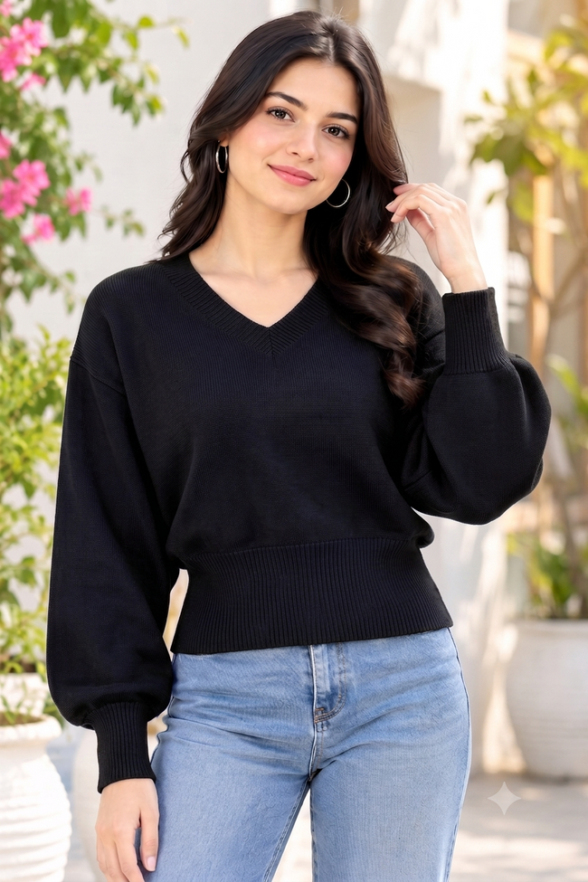 Women Black V-Neck Down Shoulder Sweater