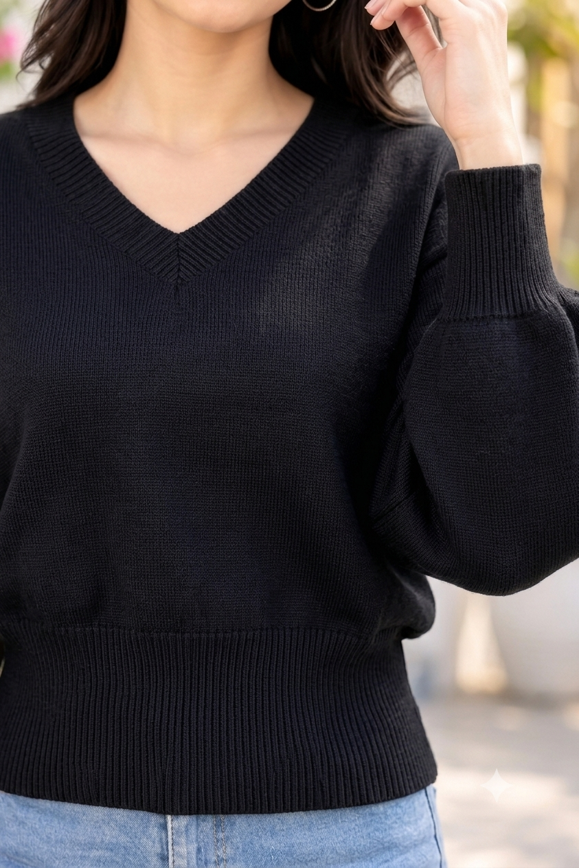 Women Black V-Neck Down Shoulder Sweater