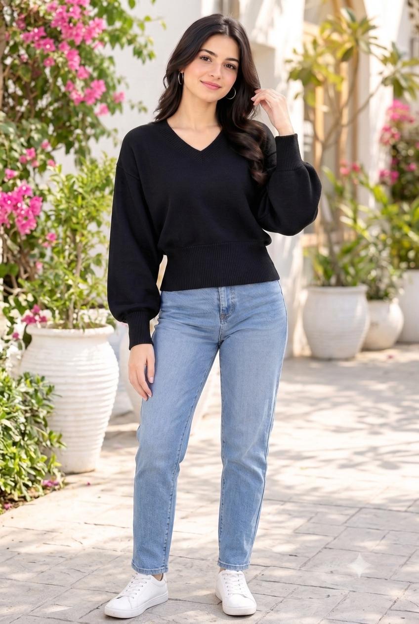 Women Black V-Neck Down Shoulder Sweater
