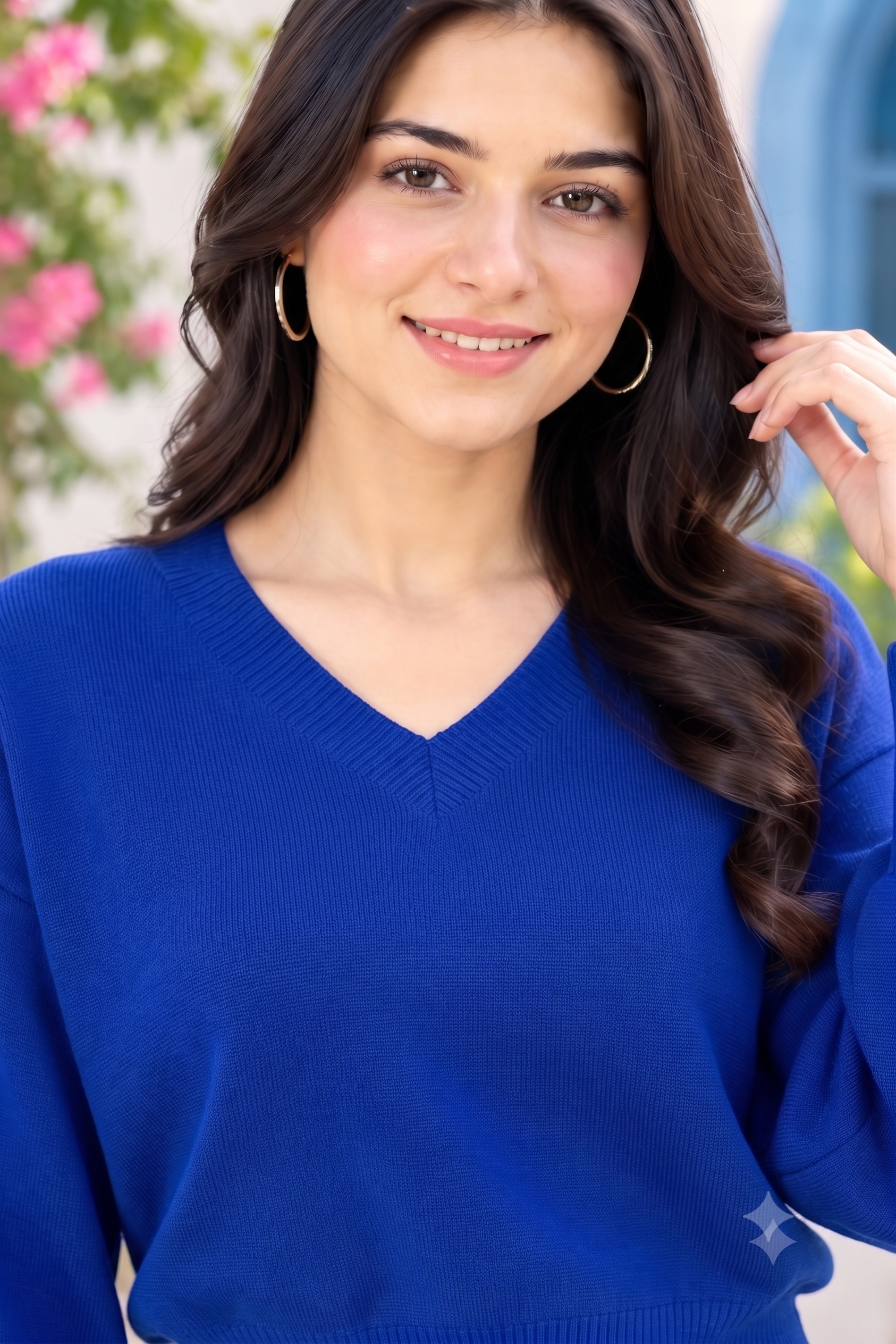 Women Blue V-Neck Down Shoulder Sweater