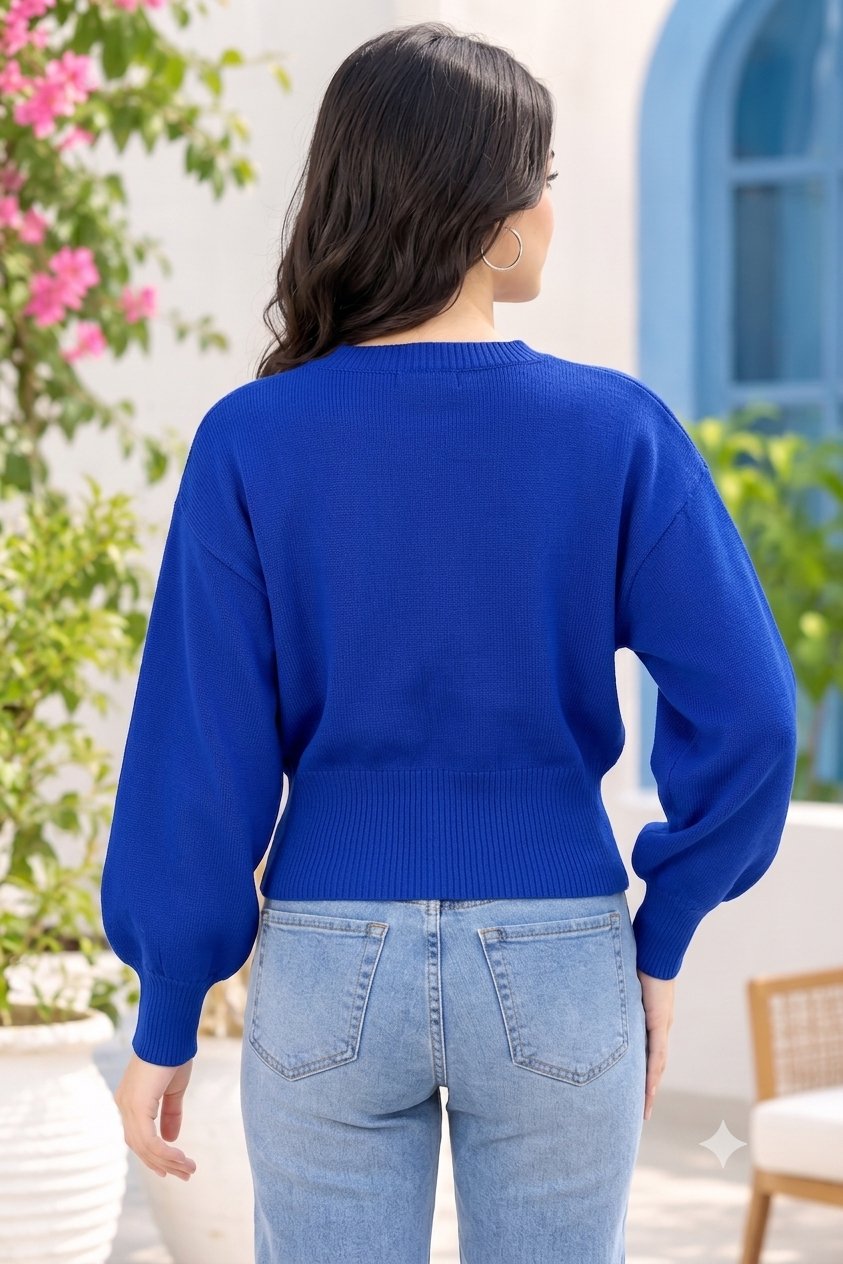 Women Blue V-Neck Down Shoulder Sweater