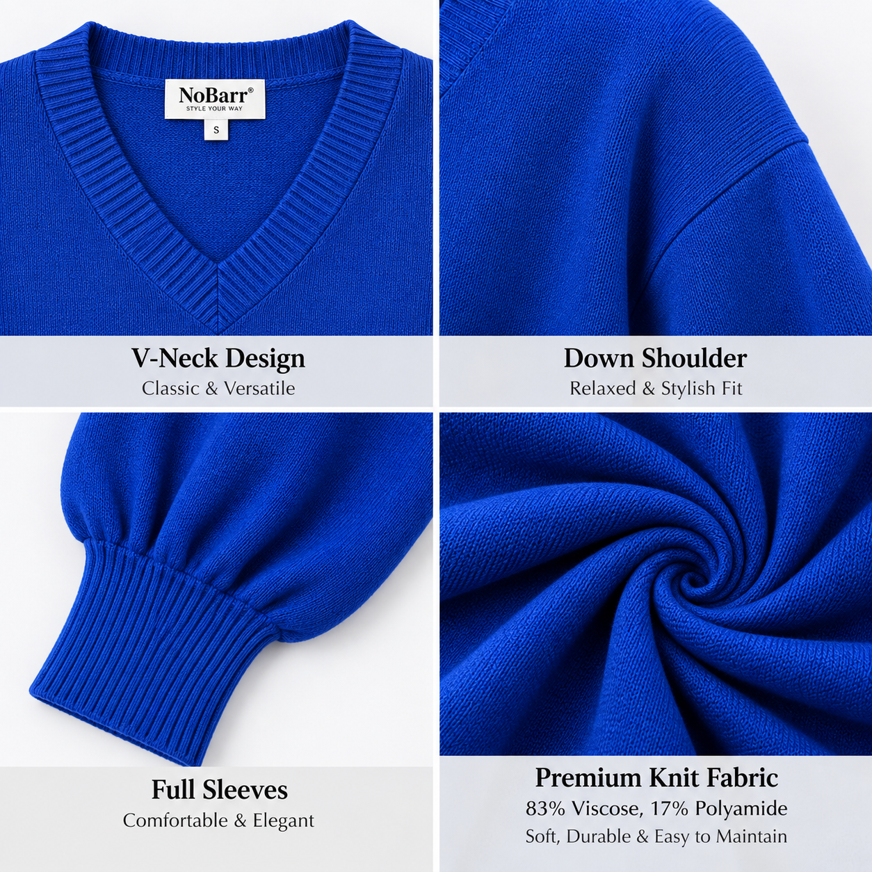 Women Blue V-Neck Down Shoulder Sweater