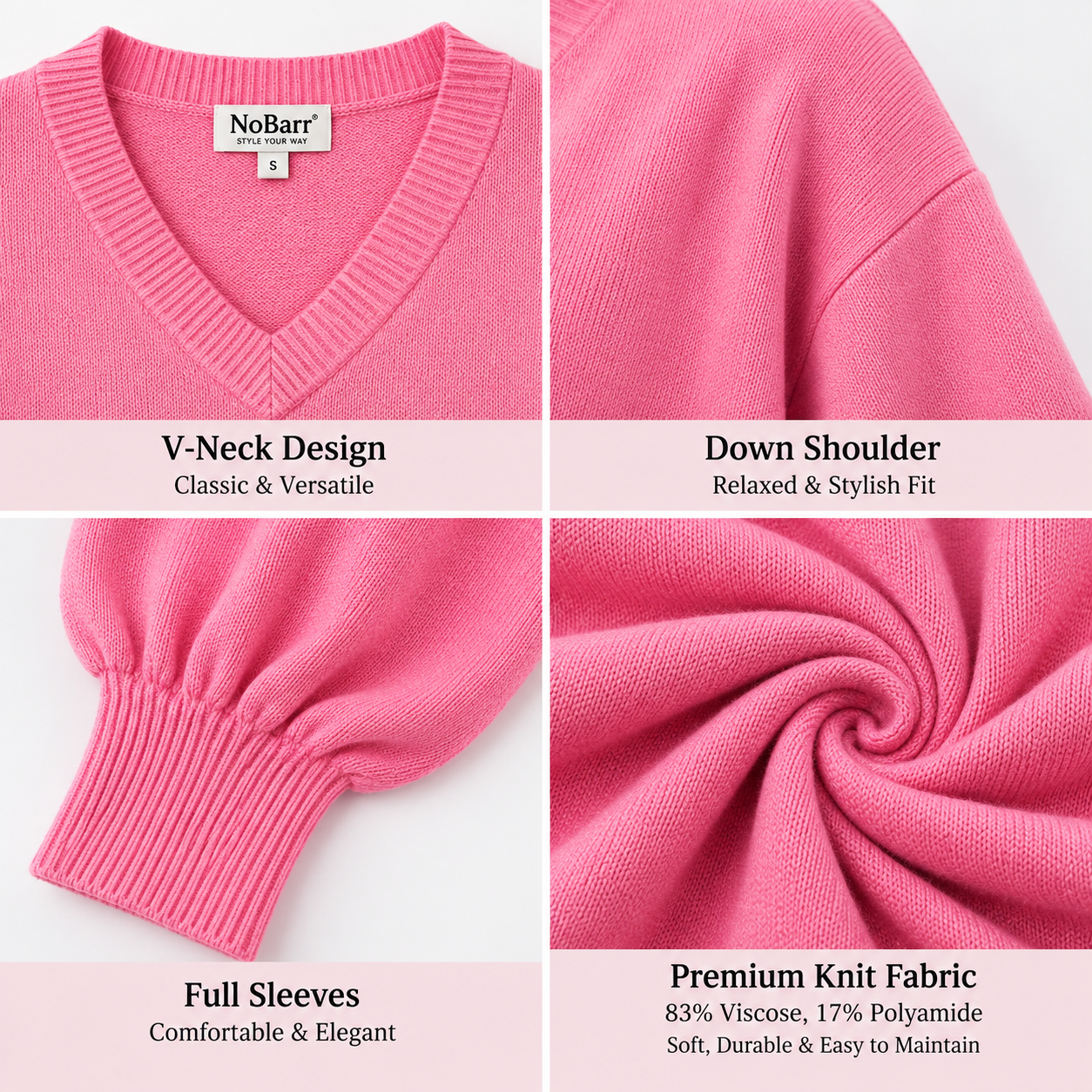 Women Pink V-Neck Down Shoulder Sweater