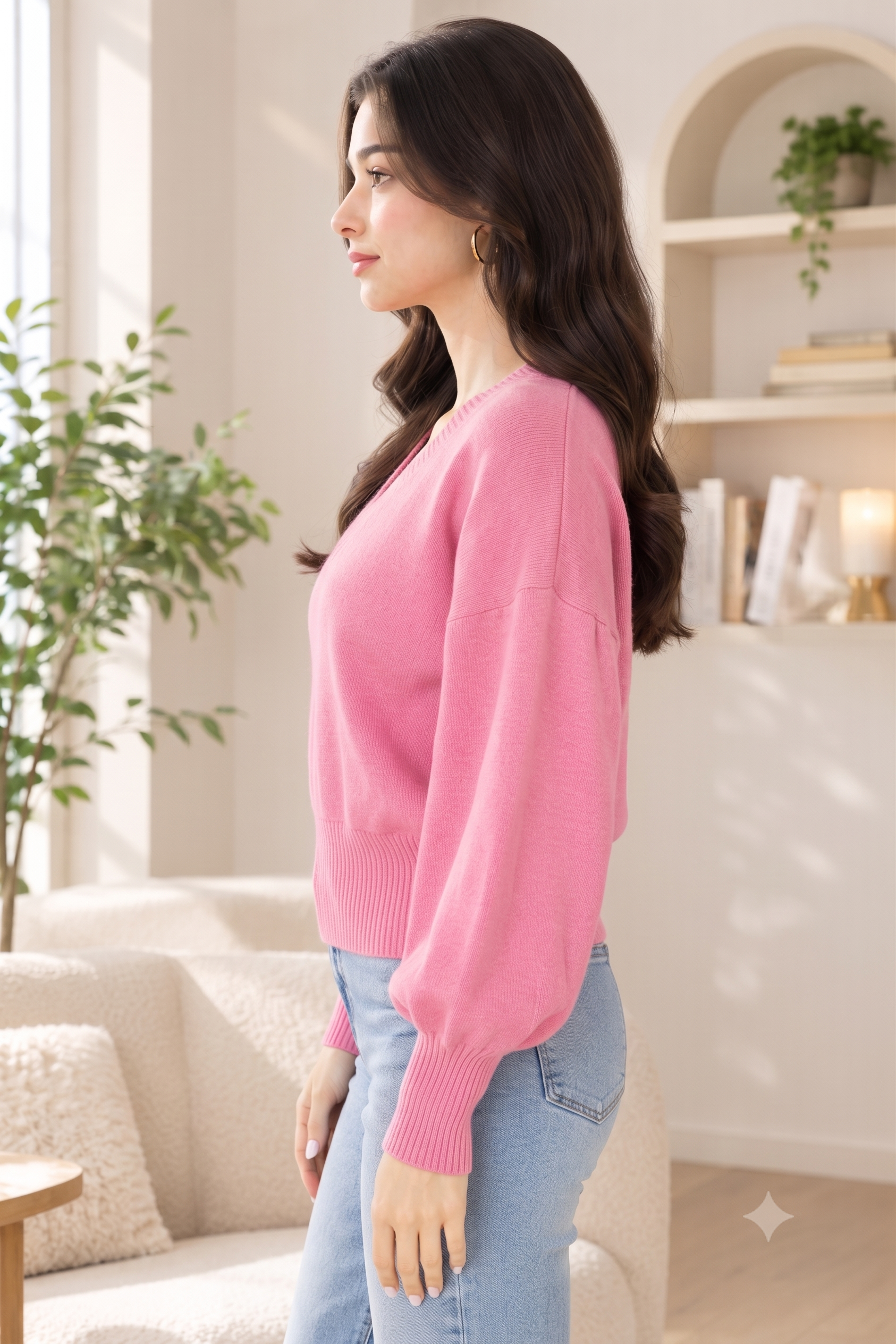 Women Pink V-Neck Down Shoulder Sweater