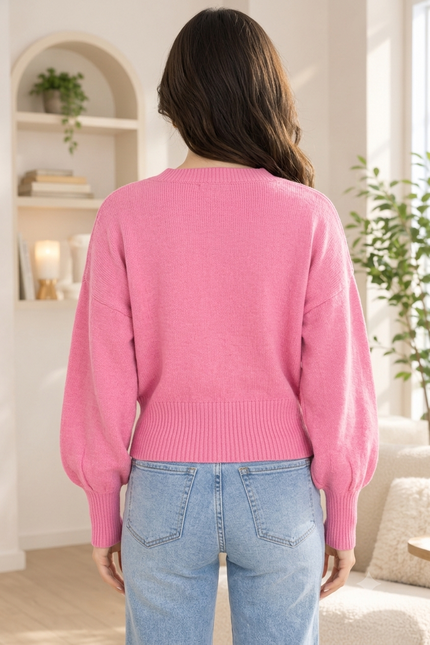 Women Pink V-Neck Down Shoulder Sweater