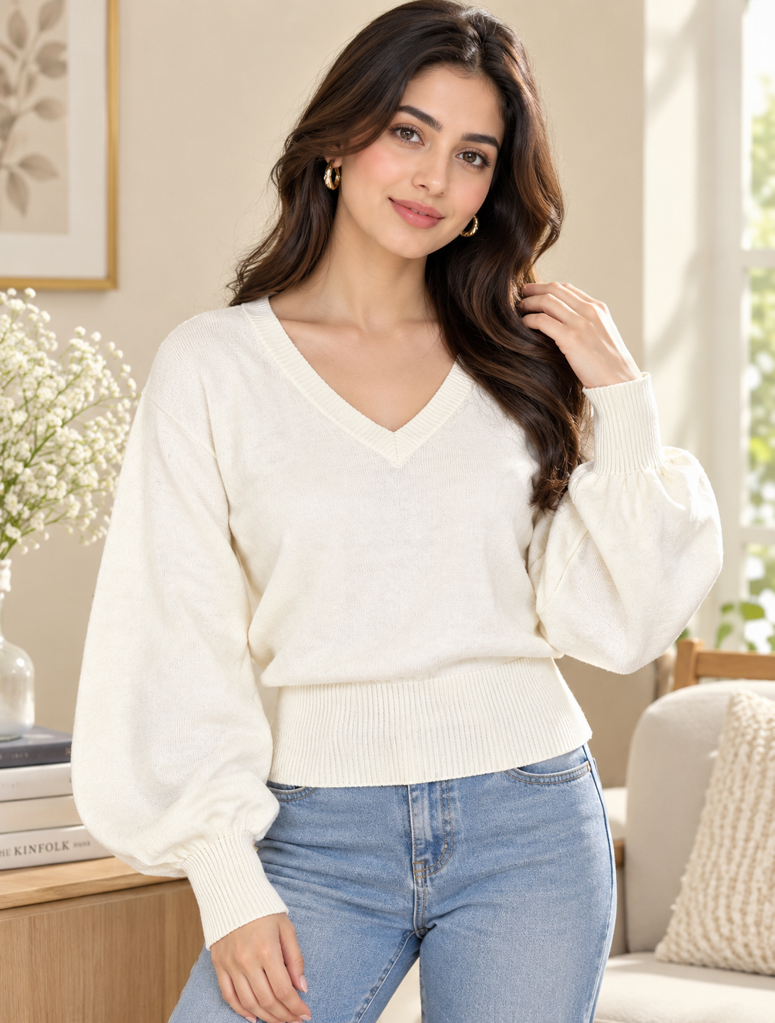 Women White V-Neck Down Shoulder Sweater